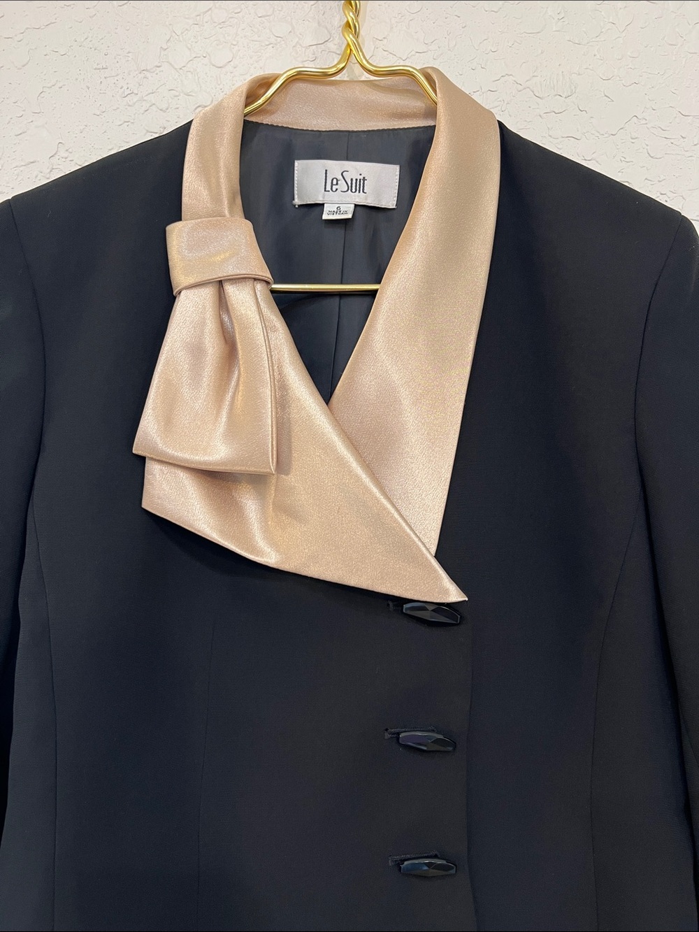Vintage 90s Le Suit Black Gold Bow Accent Evening Blazer Jacket Size 6 - Picture 2 of 7